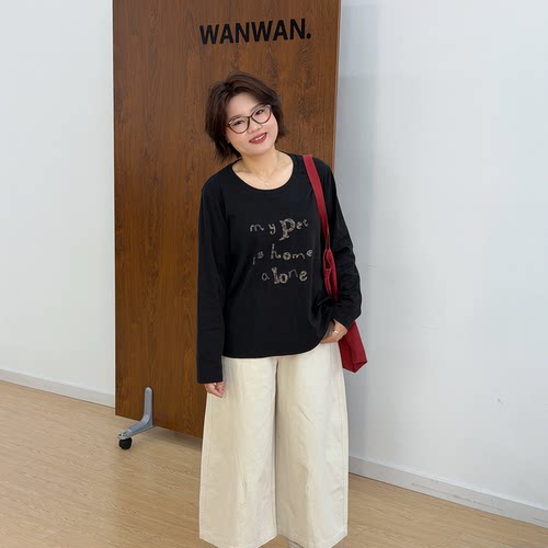 宛宛大码女装春秋新款胖MM辣妹纯欲印花显瘦休闲正肩长袖T恤上衣