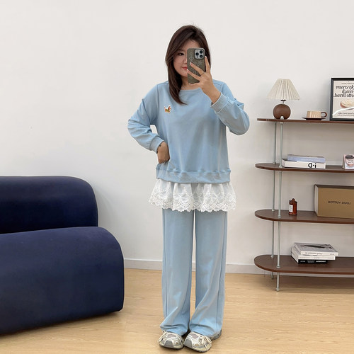 宛宛大码女装胖mm显瘦韩系穿搭休闲卫衣花边运动高腰长裤上衣套装
