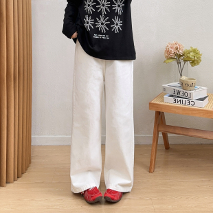 胖mm显瘦宽松梨形身材拖地裤 宛宛大码 新款 女春季 子 白色阔腿牛仔裤