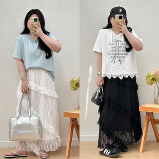 胖MM蕾丝不规则半身裙女夏季 宛宛大码 高腰显瘦遮胯A字裙甜美百搭