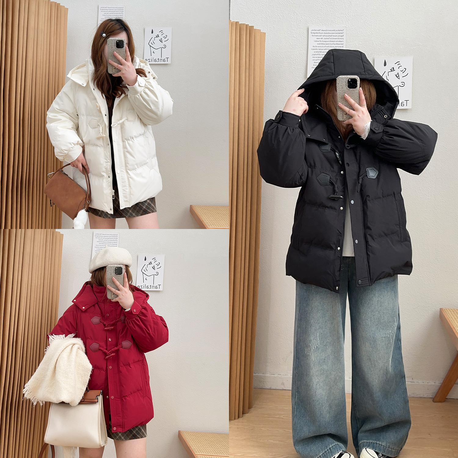 宛宛大码女装胖mm冬季减龄牛角扣羽绒服女短款宽松显瘦小个子外套