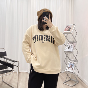 胖mm宽松慵懒风休闲上衣 加绒字母轻复古卫衣女2021年新款 大码 女装