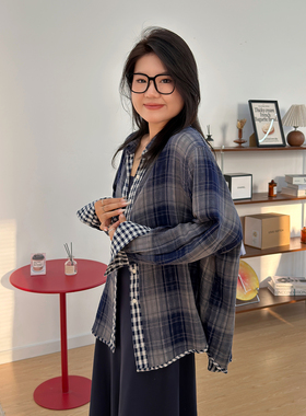 宛宛大码胖MM复古宽松慵懒风格子衬衫女夏季新品韩版休闲长袖外搭