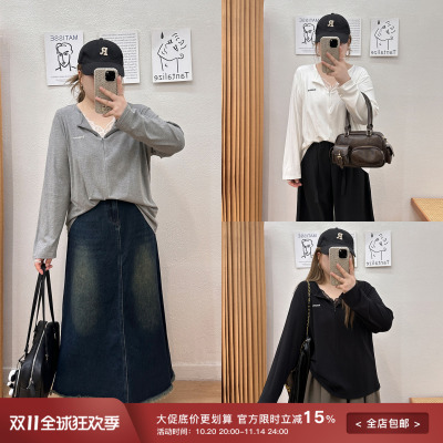 宛宛大码蕾丝拼接v领长袖t恤女纯欲风微胖修身显瘦打底衫短款上衣