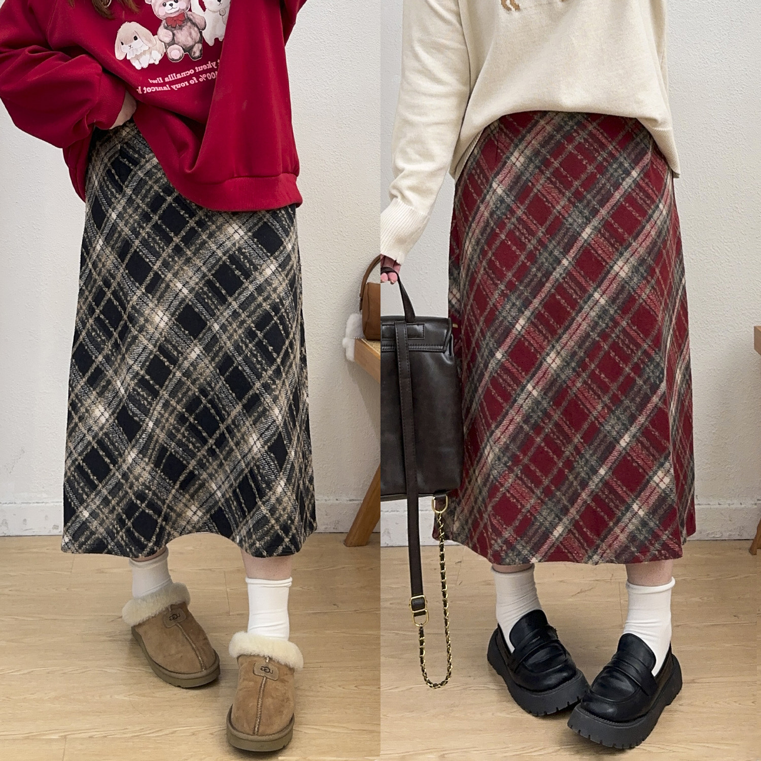 A字裙直筒开叉毛呢半身裙