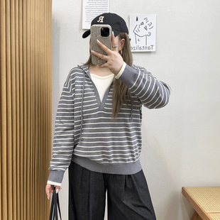 新款 秋季 遮肉休闲打底 胖mm减龄拼色假两件显瘦连帽针织衫 宛宛大码