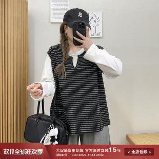 秋冬季 宛宛大码 打底衫 拼接条纹假两件长袖 胖mm上衣宽松遮肚子 女装