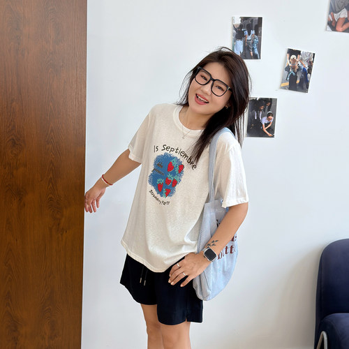 宛宛大码女装胖mm复古圆领印花短袖T恤宽松显瘦洋气休闲百搭上衣