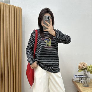 宛宛大码 T恤女 胖mm韩系早春穿搭减龄卡通印花条纹宽松遮肉薄长袖
