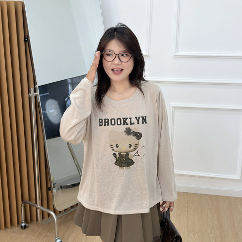 宛宛大码胖mm女春秋新款宽松休闲上衣设计感小众遮肉卡通长袖t恤