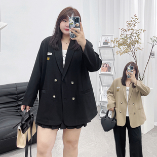 女士休闲外套胖MM西装 大码 领双排扣字母贴标西服 新款 春秋韩版