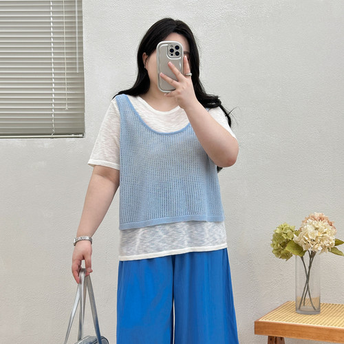 宛宛大码胖MM假两件针织T恤女夏短袖显瘦遮肉拼接慵懒风百搭上衣
