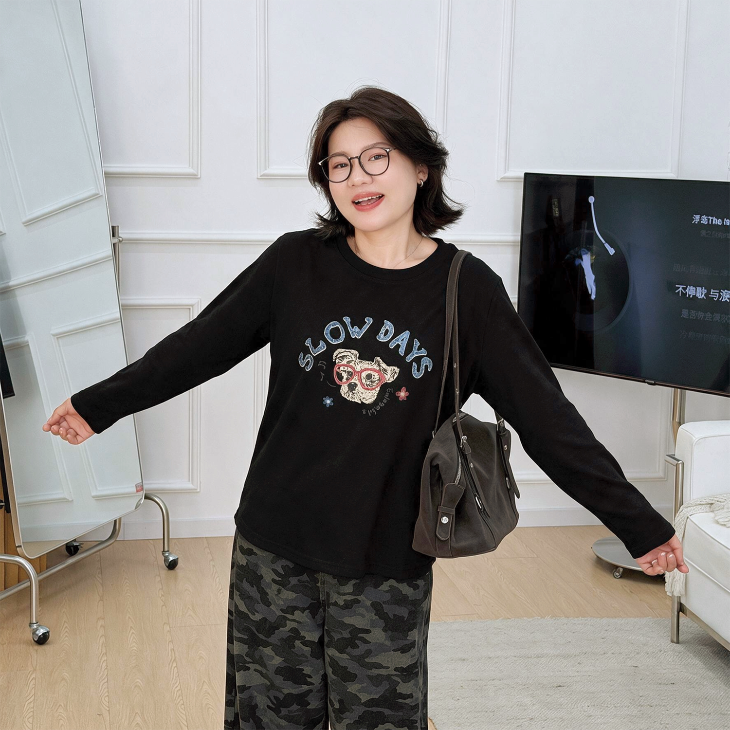 宛宛大码女装春秋新款胖MM套头印花宽松显瘦圆领正肩长袖T恤上衣