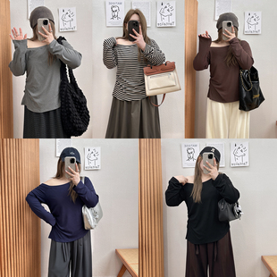 T恤显瘦上衣女 韩系设计感不规则露肩条纹长袖 宛宛大码 胖MM早秋款