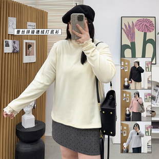 大码 女秋冬200斤胖mm弹力蕾丝花边半高领加厚内搭上衣 德绒打底衫