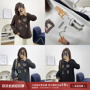 T恤早秋新款 胖mm卡通涂鸦印花圆领长袖 宽松显瘦上衣 女装 宛宛大码