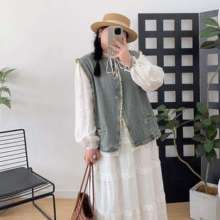 显瘦设计感休闲无袖 新款 上衣 胖mm复古时髦做旧牛仔马甲女秋季 大码