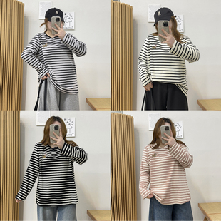 胖mm圆领条纹内搭长袖 秋冬韩系德绒加厚打底衫 T恤潮 女装 宛宛大码