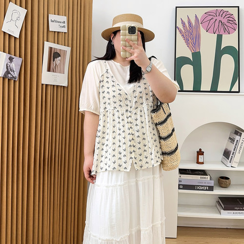 宛宛大码女装宽松假两件雪纺衫短袖T恤女胖mm显瘦遮肚子休闲上衣