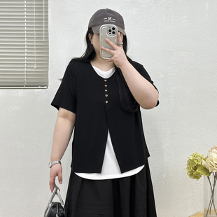 上衣慵懒风 设计感拼接显瘦遮肉短袖 宛宛大码 胖MM假两件T恤女夏季