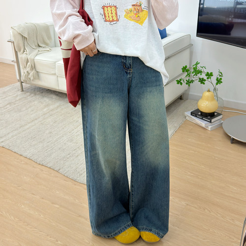 宛宛大码复古蓝直筒牛仔裤女秋季新款胖mm梨形身材宽松垂感阔腿裤