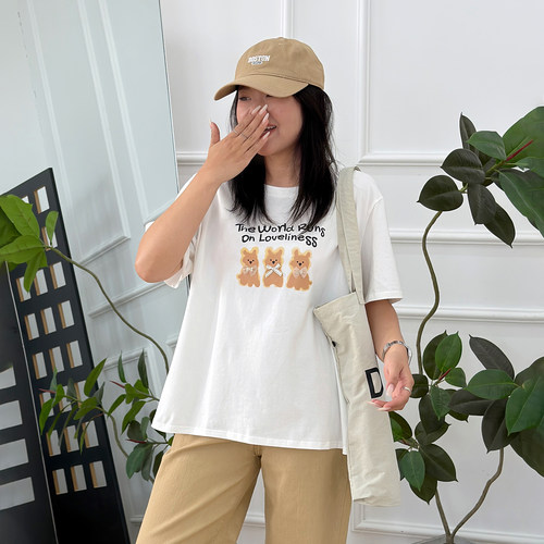 宛宛大码女装减龄宽松休闲圆领卡通印花短袖胖mm韩系显瘦T恤上衣