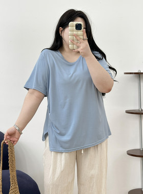 宛宛大码女装胖mm设计感不规则收腰短袖T恤女夏遮肉显瘦别致上衣
