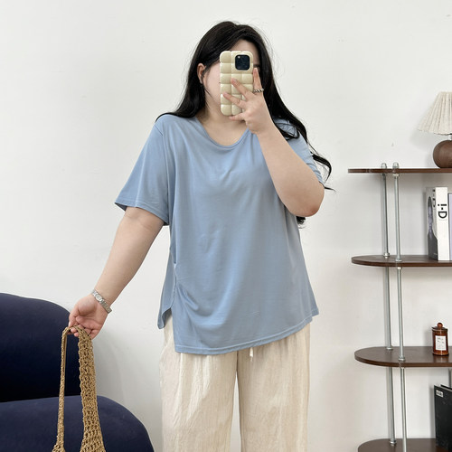 宛宛大码女装胖mm设计感不规则收腰短袖T恤女夏遮肉显瘦别致上衣