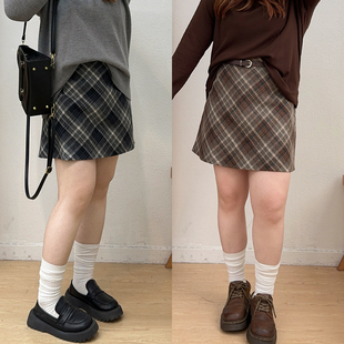 宛宛大码 包臀A字裙胖mm高腰显瘦短裙 复古格子毛呢半身裙秋冬新款