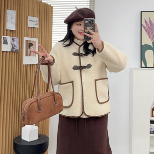 开衫 胖MM长袖 上衣女 牛角扣穿搭加厚羊羔毛外套2024冬新款 宛宛大码