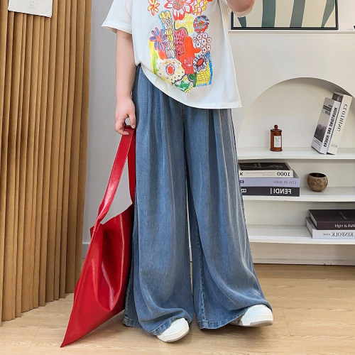 大码天丝垂感牛仔裤女夏季薄款宽松显瘦冰丝高腰直筒阔腿拖地裤子