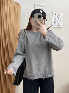 宛宛大码百分百女装微胖mm秋冬季白色打底衫蕾丝拼接宽松正肩T