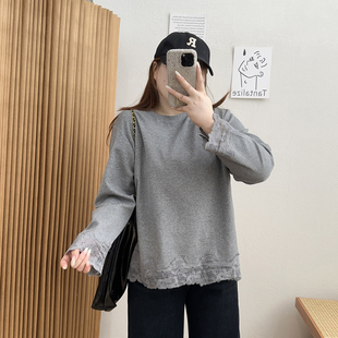 白色打底衫 微胖mm秋冬季 蕾丝拼接宽松正肩T恤 百分百女装 宛宛大码