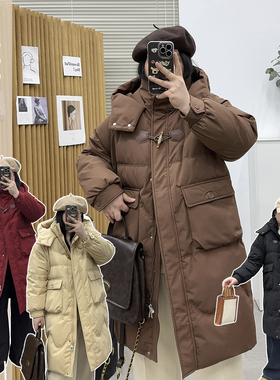 宛宛大码女装秋冬2024新款加厚白鸭绒长款连帽羽绒服胖mm连帽外套