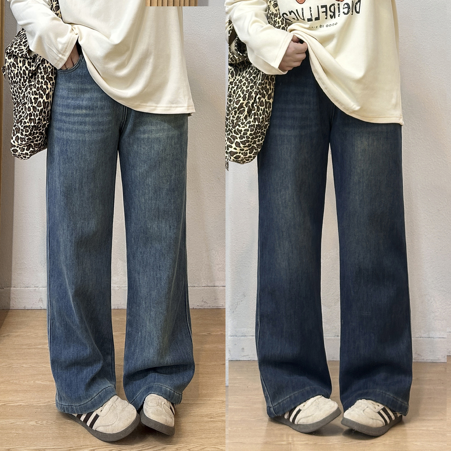 高腰半松紧直筒宽松加绒牛仔裤