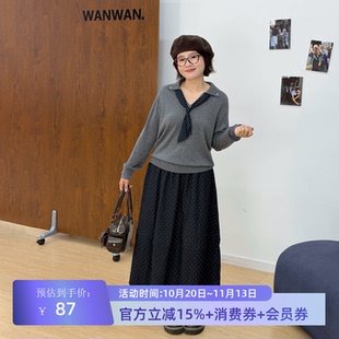 宛宛大码女装胖妹妹mm法式显瘦领带长袖针织衫宽松波点半身裙套装