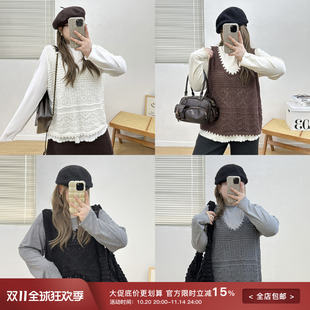 法式 胖MM遮肉显瘦短款 镂空钩花马甲针织衫 新款 上衣 女秋季 宛宛大码