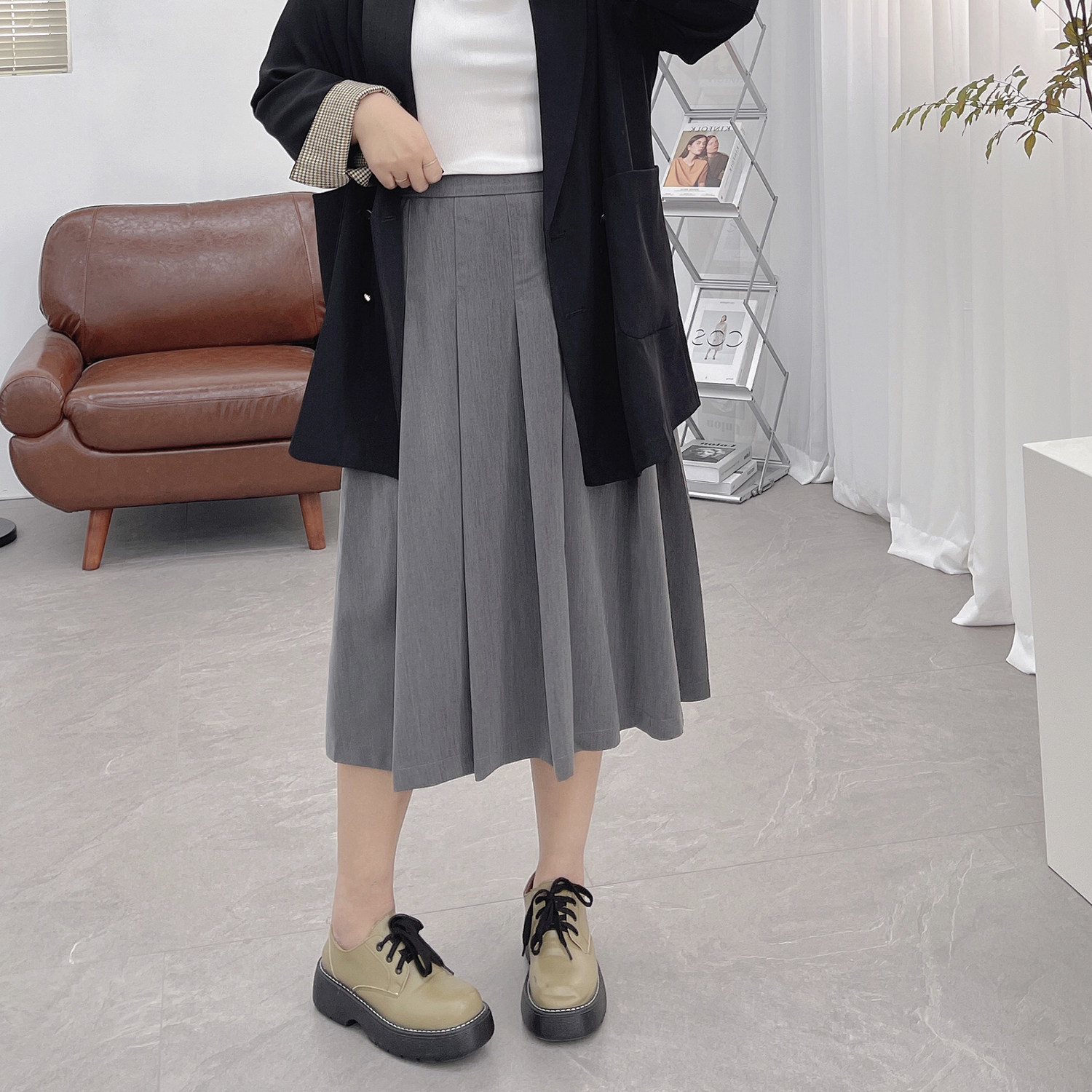 学院风百褶高腰褶皱a字裙