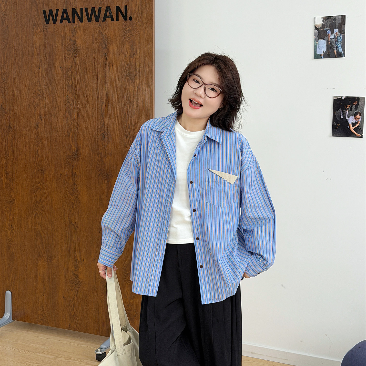 宛宛大码胖mm叠穿条纹衬衫女春秋新款设计感上衣宽松内搭打底衬衫
