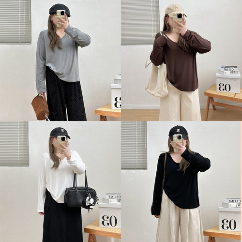 宛宛大码女装春秋季新款U领宽松面膜T恤胖mm打底衫内搭长袖上衣潮