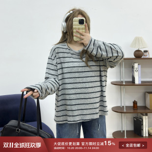 宛宛大码 t恤女早秋韩系穿搭显瘦宽松慵懒设计感上衣 胖mm条纹长袖