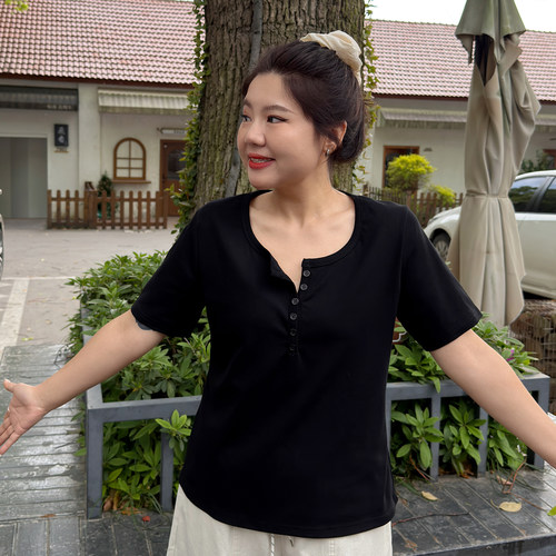 宛宛大码胖MM半开领通勤风短袖T恤女装夏季纽扣宽松显瘦气质上衣