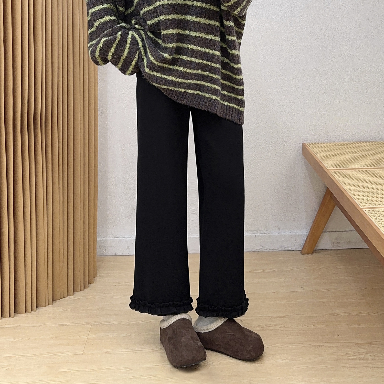 高腰弹力花边休闲直筒裤