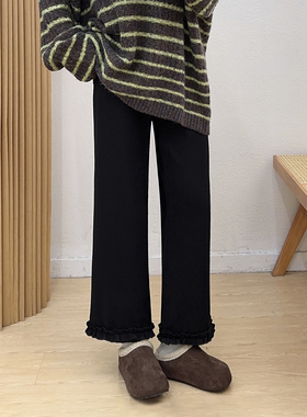 宛宛大码黑色木耳花边加绒直筒裤女秋冬小个子胖mm显瘦高腰休闲裤