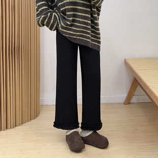 女秋冬小个子胖mm显瘦高腰休闲裤 宛宛大码 黑色木耳花边加绒直筒裤