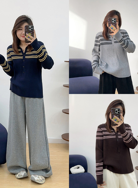 宛宛大码减龄条纹polo领黑色毛衣秋季新款针织衫宽松显瘦内搭上衣