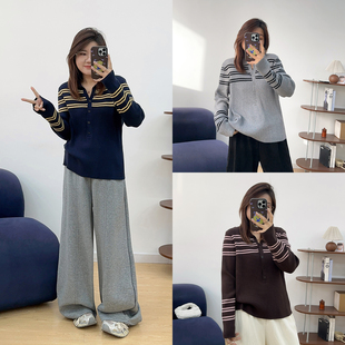 针织衫 新款 宽松显瘦内搭上衣 减龄条纹polo领黑色毛衣秋季 宛宛大码