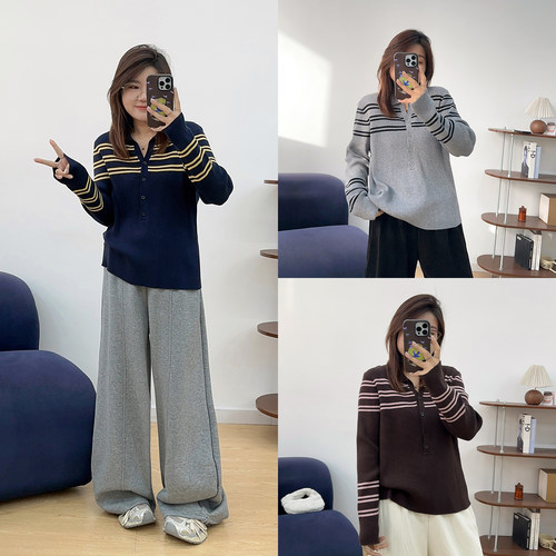 宛宛大码减龄条纹polo领黑色毛衣秋季新款针织衫宽松显瘦内搭上衣