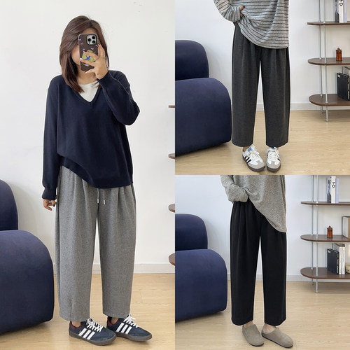 松紧高腰九分休闲糯米裤