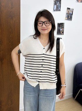 宛宛大码女夏装条纹冰丝针织开衫女胖MM200斤显瘦蝙蝠袖洋气上衣